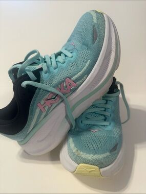 Hoka Bondi Bowmen’s Teal Lace-Up Running Shoes with Pink Logo Size 6B